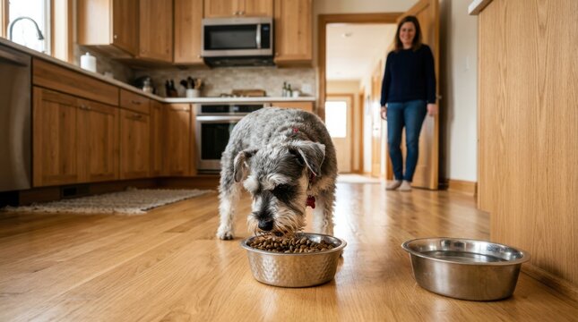 A small dog eats from a bowl on a wooden kitchen floor, while a woman stands smiling in the background near the doorway.