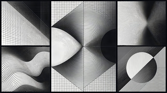 Monochrome abstract geometric gradient background collage, Black and white halftone dot pattern collection, Minimalist op art wave and circle textures, Retro futuristic grayscale geometric graphic pic