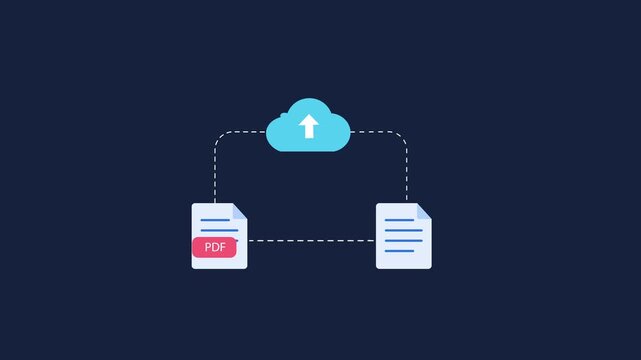 Flat animated cloud technology concept showing PDF and document files connected to cloud upload storage on a dark blue background, representing digital file management and transfer.