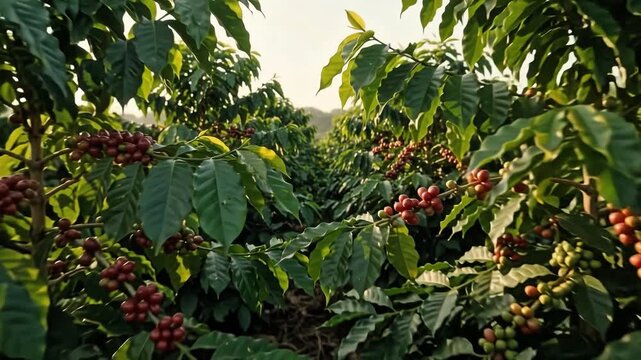 Ripe red coffee cherries growing on green bushes at a lush coffee plantation in harvest season