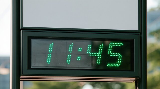 Close-up of a digital LED clock displaying the time 11:45 in bright green numbers, mounted outdoors.