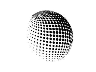 Black halftone 3D globe pattern isolated on white background. Abstract dotted sphere with rotating perspective dots for modern tech design. Monochrome geometric planet texture ideal for logos. © Gazi