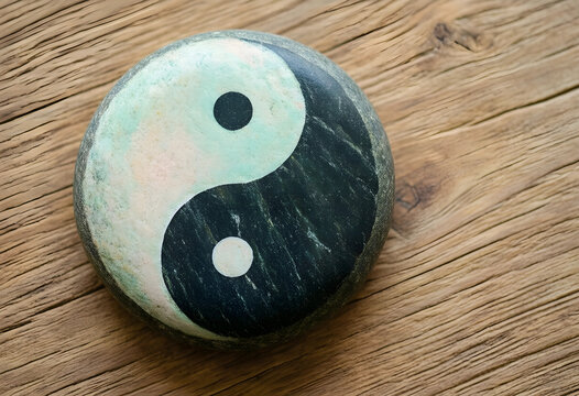 Balance and harmony concept yin yang symbol painted on a smooth river stone for mindfulness wellness and spiritual meditation on a rustic wood table