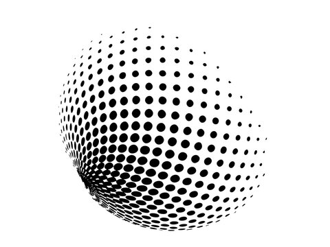 Black halftone 3D sphere pattern isolated on white background. Abstract dotted globe with curved perspective dots for modern tech design. Monochrome geometric ball texture ideal for logos and covers.