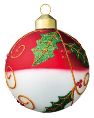 Red and white gradient Christmas ball with green glitter holly leaves and gold scrollwork on white background © sawa