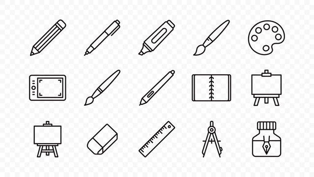 flat vector illustration line art icon bundle set design art supply pencil brush palette canvas easel ruler drawing draw paint creative ui graphic element web concept