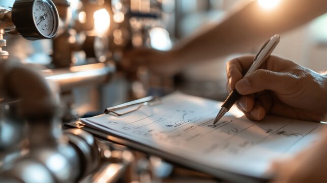 Industrial engineer reviewing technical documentation and data in a factory setting, ensuring quality and efficiency.