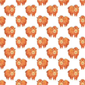 Cute small sheep seamless pattern on a white background, watercolor hand drawn print