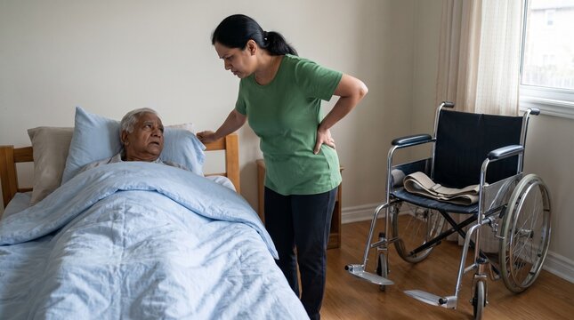 Geriatric Care: South Asian family caregiver suffers back pain while supporting bedridden senior at home
