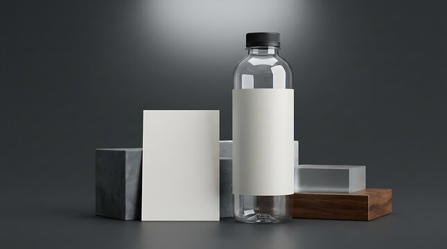 Clear plastic water bottle and a blank white paper card standing on wooden and stone display blocks. plastic bottle customization