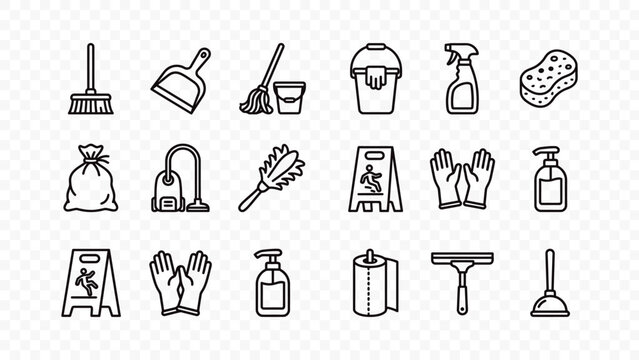 flat vector illustration line art icon bundle set design cleaning supply broom mop bucket sponge spray soap wash liquid clean housework ui graphic element web concept