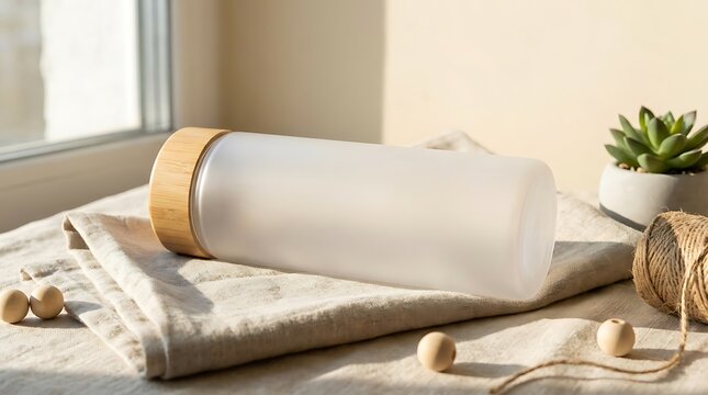 Yoga mat rolled up with a strap on a bright table with a small green plant and wooden craft beads. plastic bottle customization