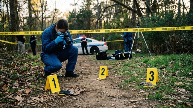 Forensic investigator documents evidence at a crime scene in a wooded area crime scene tape police car