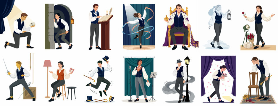 A collection of flat vector illustrations of a male actor performing various theatrical roles and scenes on a stage.