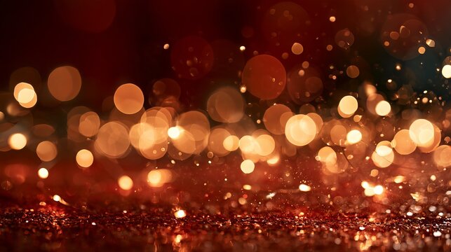 Abstract Christmas bokeh background with warm golden fairy lights and subtle glitter on deep red, soft lens blur and central copy space for holiday advertising