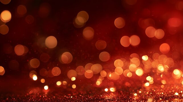 Abstract Christmas bokeh background with warm golden fairy lights and subtle glitter on deep red, soft lens blur and central copy space for holiday advertising