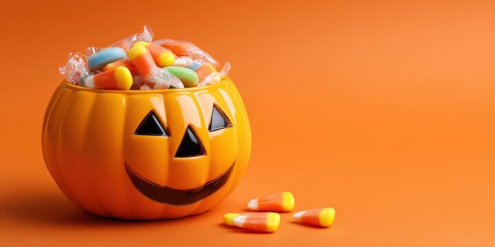 Halloween pumpkin bucket filled with candy corn and wrapped sweets on an orange background for festive holiday celebration and trick or treat fun