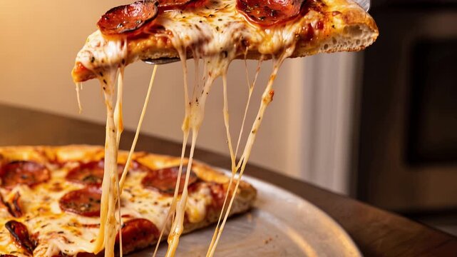 Crisp slice of pepperoni pizza being lifted, with melted cheese stretching, appetizing texture, detailed toppings, 4K video