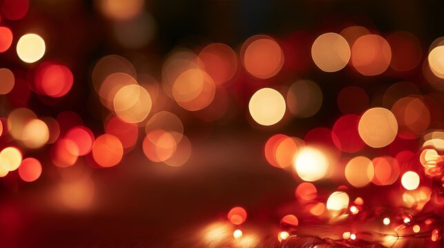 Christmas red and gold bokeh background with glowing blurred lights radiating softly from one side, ruby red backdrop fading into dark crimson