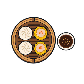 Traditional Dim Sum Asian Food Vector Illustration in Bamboo Steamer