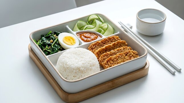 Healthy bento box lunch with rice tempeh boiled egg and fresh cucumber salad on a modern dining table. Quick Indonesian Meal