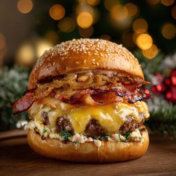 Gourmet Cheeseburger with Crispy Bacon and Melted Cheddar Cheese Served on a Wooden Board with Festive Christmas Holiday Lights in the Background
