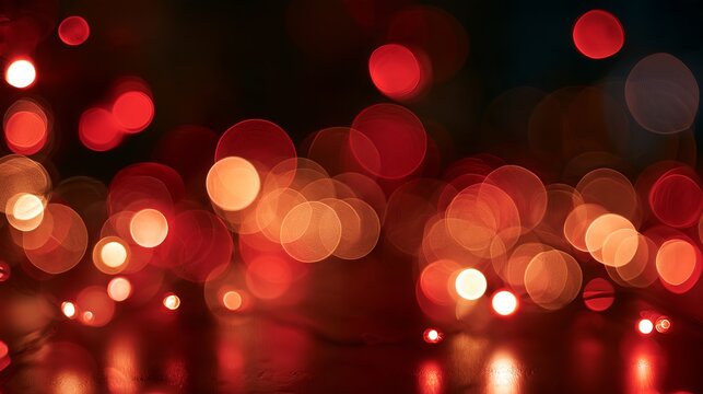 Abstract Christmas lights background with blurred red and warm gold light trails, large soft bokeh circles and a festive long exposure effect on deep ruby