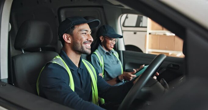 Team, tablet and people in van for delivery schedule, shipping and location for distribution. Talking, tech and man with woman in vehicle for supply chain, logistics and navigation for shipment