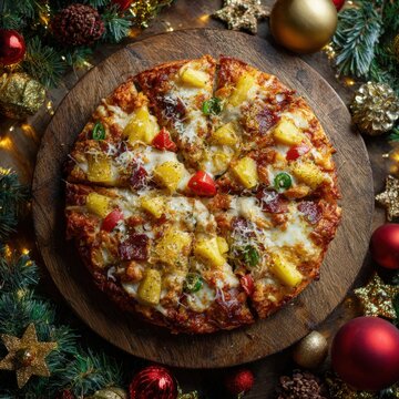Delicious Hawaiian Pizza with Pineapple and Ham on Wooden Board Decorated with Christmas Ornaments and Pine Branches for Festive Holiday Dinner