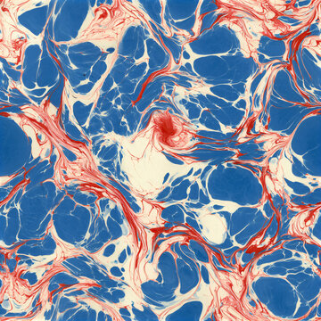 Blue, red and ivory marbled pattern with flowing ebru swirls. Seamless retro surface design for fabric, paper and wallpaper. Decorative abstract texture. Vintage-inspired print background.