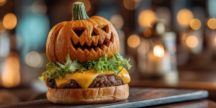 Halloween cheeseburger with a carved pumpkin jack o lantern topper served on a wooden board for a festive holiday party food menu presentation