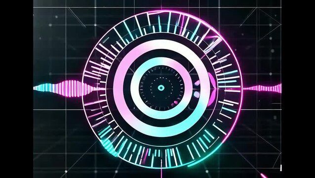 Corrupted Circular HUD &mdash; Pink & Cyan Glitch Interface on Dark Grid