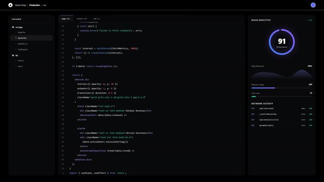 Premium 4K transparent motion graphics video overlay of a modern software IDE. Features a dark mode bento grid layout, scrolling React code, and live build analytics isolated on an alpha channel.