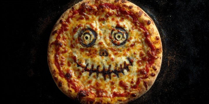 Halloween pizza with a scary face made of olives and sauce on a dark background for a festive party celebration and spooky food theme concept