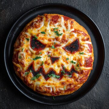 Halloween pizza decorated with pepperoni face on black plate, top view of festive food for holiday party celebration, spooky dinner meal concept