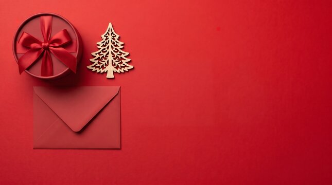Red christmas composition with gift box envelope and wooden tree on a vibrant red background