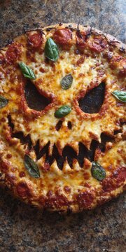 Spooky Halloween pizza with a scary face design made of melted cheese and fresh basil leaves for a festive holiday party food celebration meal