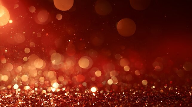 Abstract ruby red Christmas background with softly floating gold bokeh circles, smooth light bloom, tiny glitter specks and warm holiday glow