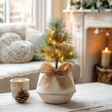 Small Christmas tree in a ceramic pot with burlap bow and warm fairy lights on a rustic wooden table for cozy holiday home interior decoration