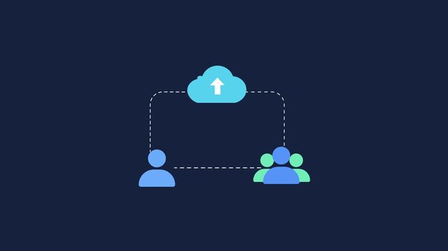 Flat animated cloud technology concept showing a user connected to a team through cloud storage on a dark blue background, representing collaboration and file sharing.