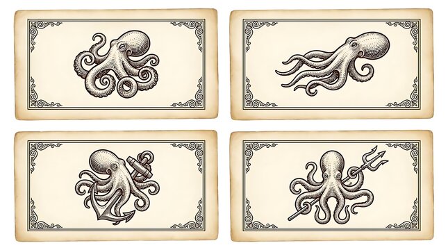 Vintage engraved octopus illustrations on aged paper labels.