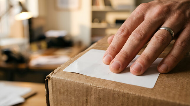 Close up of a person attaching a return shipping label onto a brown cardboard parcel inside an office setting, e-commerce fulfillment and online shopping package delivery concept photography