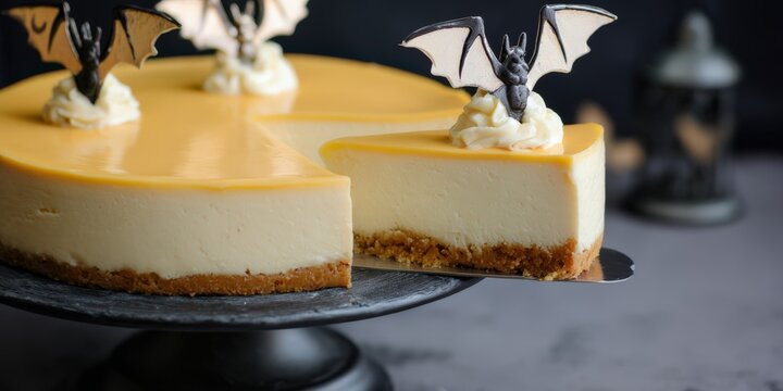 Halloween Cheesecake with Bat Decorations on a Black Cake Stand for a Festive Party Dessert Display and Seasonal Celebration Food Photography Concept
