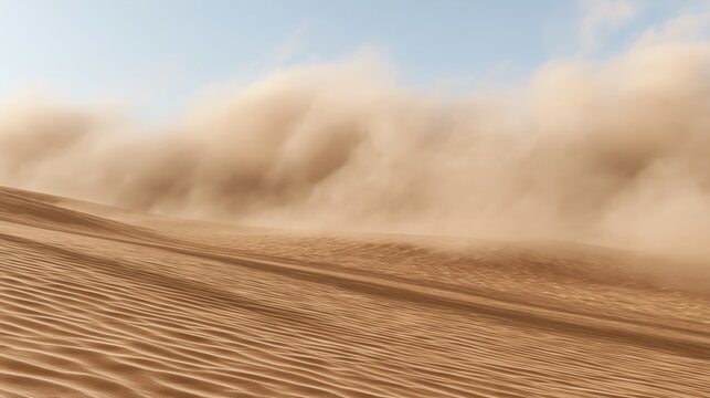 Expansive desert landscape with a dramatic sandstorm blowing across rolling dunes under a clear sky