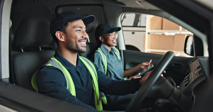 Driver, tablet and people in van for delivery schedule, shipping and location for distribution. Talking, tech and man with woman in vehicle for supply chain, logistics and navigation for shipment