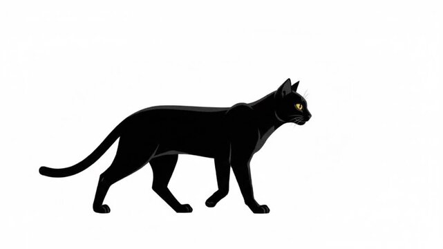 Sleek Black Cat Silhouette: A stylized black cat with piercing yellow eyes walks with an elegant, stealthy gait, its form rendered in a clean, graphic style.