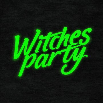 Witches Party neon sign text on black background for Halloween celebration event invitation poster design template with bright glowing green letters