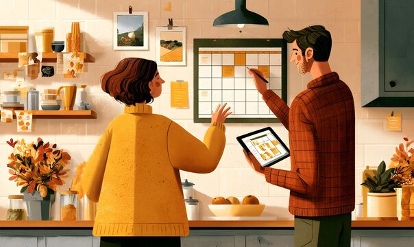 Charming Flat Vector Illustration of Couple Updating Wall Calendar and Tablet in Cozy Kitchen, Ideal for Family Planning Apps, Productivity Blogs, and Time Management Content