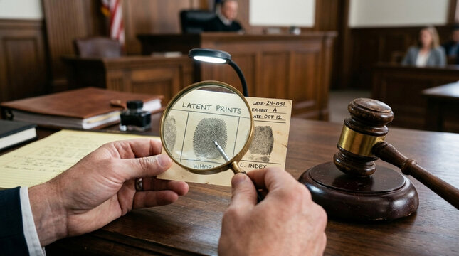 Forensic Fingerprint Analysis in Courtroom Justice System Concept