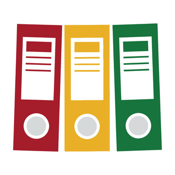 Colorful binder folders with documents on white background office supplies